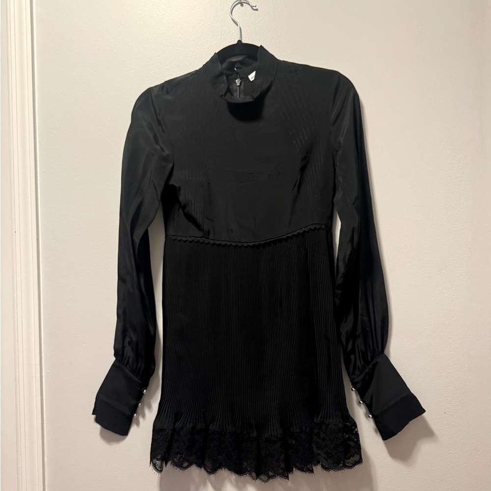 Paco Rabanne Long Sleeve Pleated Mini Dress with Lace Trim